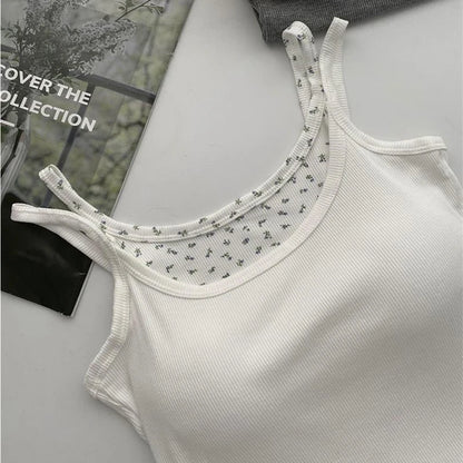 Women Sweet Patchwork Floral Printing Tank Tops With Bra Pad Sexy Off Shoulder Spaghetti Strapy Top Summer Worn Outside Camisole