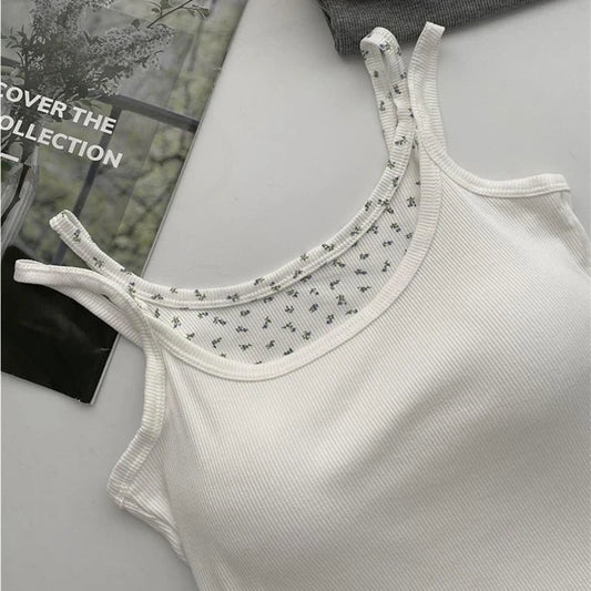 Women Sweet Patchwork Floral Printing Tank Tops With Bra Pad Sexy Off Shoulder Spaghetti Strapy Top Summer Worn Outside Camisole