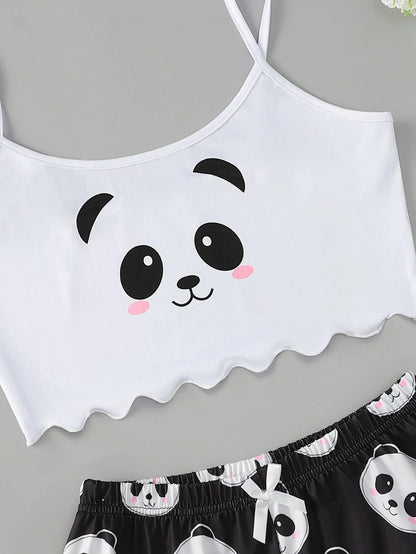 Women's 2pcs Cute Soft Comfy Cartoon Panda Print Sexy Sleepwear Sleeveless Shorts Homewear Pajama Set Loungewear