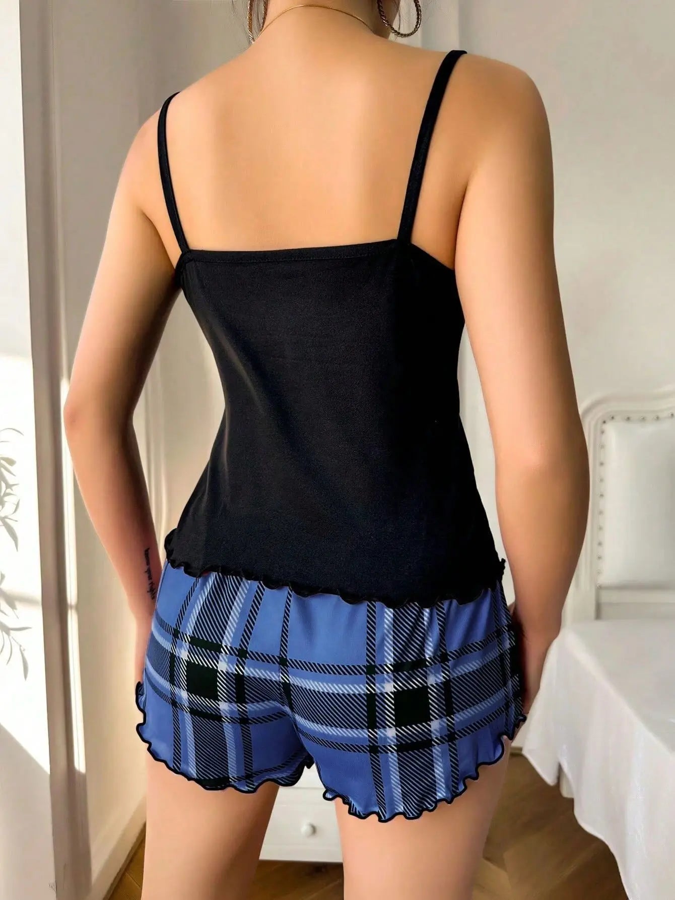 Women Sexy Suspender Shorts Thin Pajamas Letter Print Plaid Shorts Large Pajamas Romantic Home Wear Sexy Nightwear Short Pajama Badiee Stylez