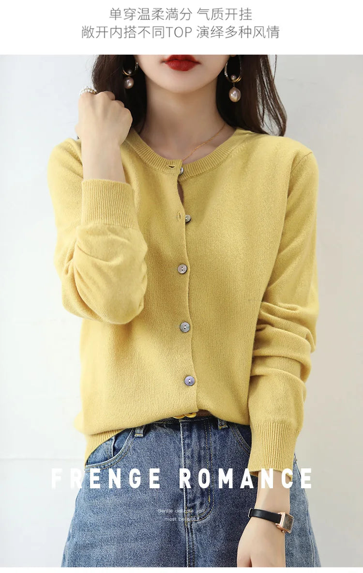 Knitted Cardigan Women's Sweater Autumn And Winter 2022 New Solid Color Coat Round Neck Short Long Sleeve Loose Korean Fashion