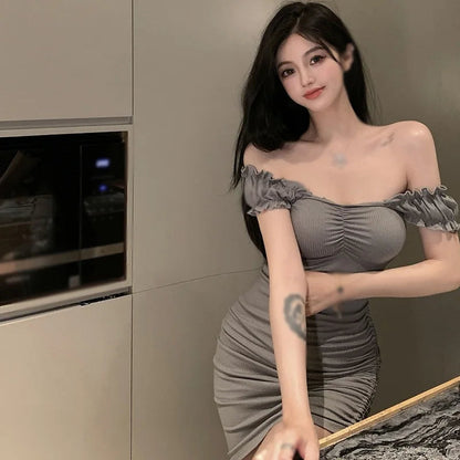 Women Dress Korean Summer Solid Color Slash Neck Drawstring Slim Sexy Short Sleeve Dresses Badiee Stylez