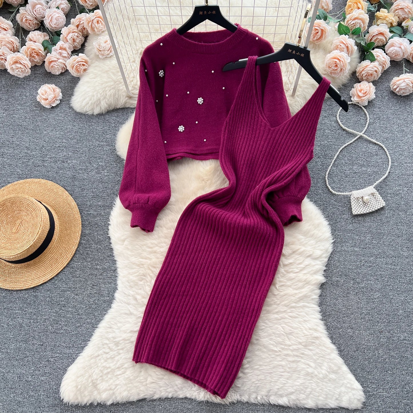SINGREINY Beading Casual Two Piece Set Women Long Sleeve O Neck Pullover Midi Dress Fashion 2023 Winter Sweater Suit Dresses Badiee Stylez