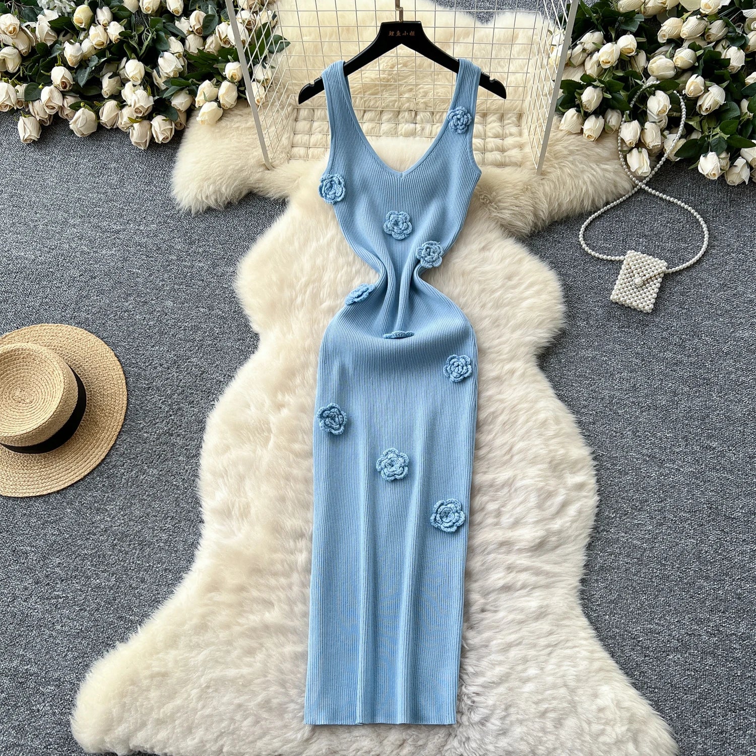 SINGREINY Knitted 3D Flower Chic Dress Sleeveless Slim Solid Elastic Sundress Women Summer Casual Fashion Bodycon Long Dresses
