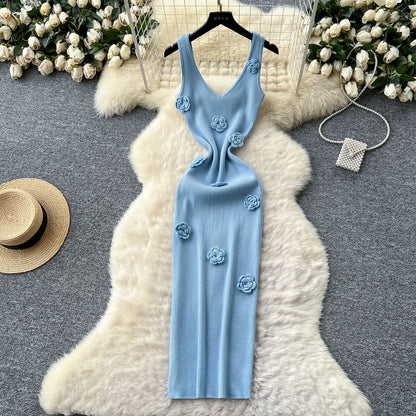 SINGREINY Knitted 3D Flower Chic Dress Sleeveless Slim Solid Elastic Sundress Women Summer Casual Fashion Bodycon Long Dresses