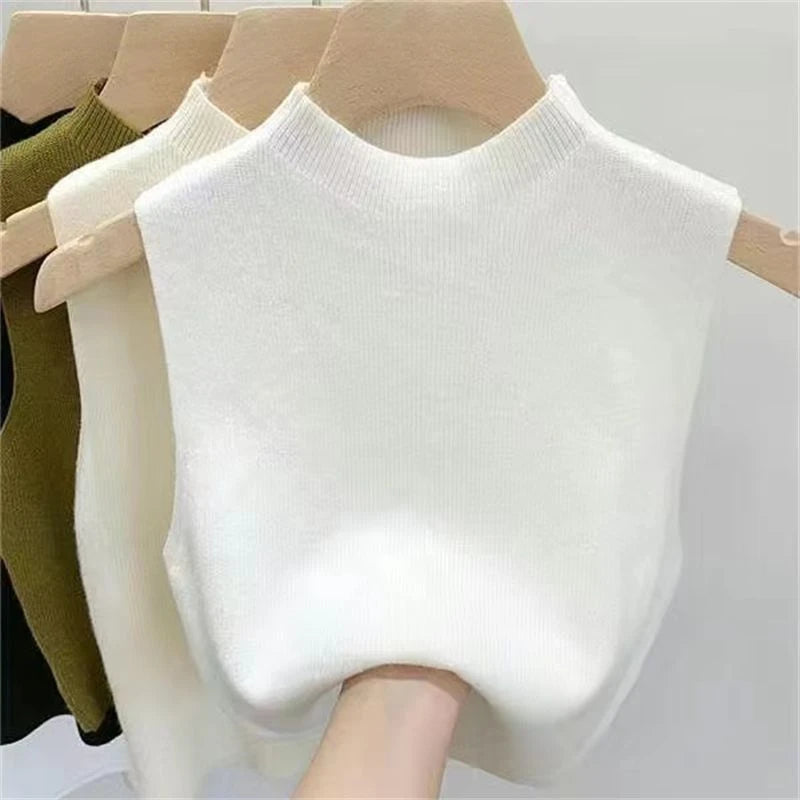 Knitted Top Women Y2K Tank Top Half Neck Vest Female Sleeveless Sweater Chic Streetwear Solid Skinny Tube Top Summer 2025 white One Size