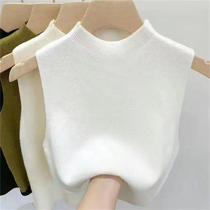 Knitted Top Women Y2K Tank Top Half Neck Vest Female Sleeveless Sweater Chic Streetwear Solid Skinny Tube Top Summer 2025 white One Size