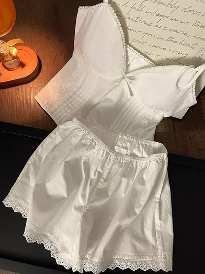 Lace Sleepwear Women Pajama Sets Spaghetti Strap Piiama Shorts Sets 2 Pieces Korean Night Wears Summer Cute White Home Suit 2025