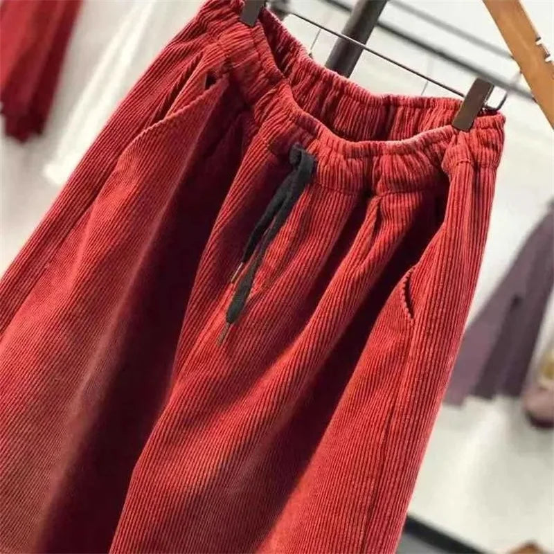 Ladies Large Size 4XL Corduroy Pantalons 2024 Female High Waist Add Velvet Casual Trousers Winter Women Loose Fit Lantern Pants Badiee Stylez
