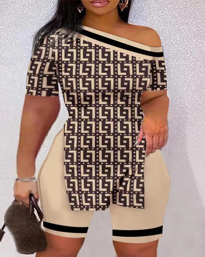 Print Two Piece Shorts Sets Women Skew Collar Short Sleeve Shirts Side Split Tops Pullover Elastic Waist Trousers Summer 2025