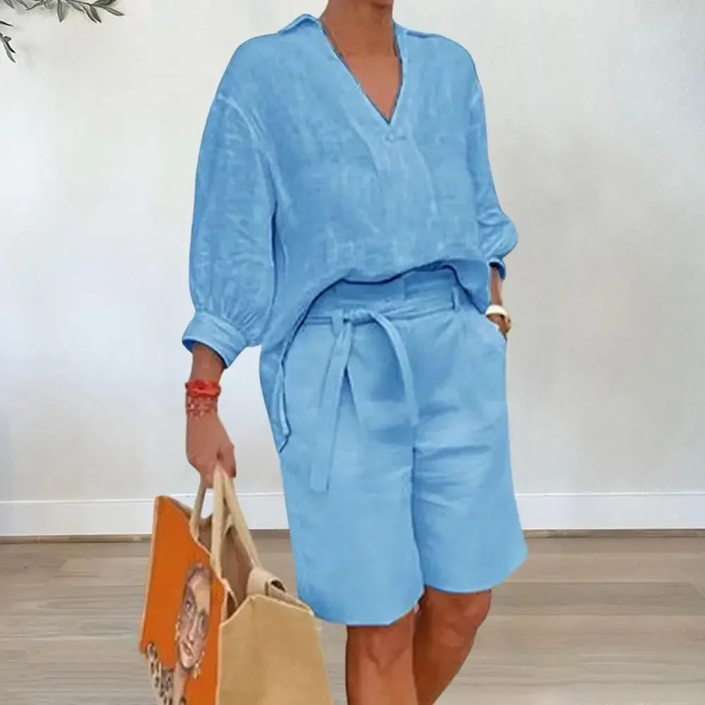 2024 Summer Fashion New Matching Collection Loose and Elegant V-neck Short Sleeve Cotton Linen Top Wide Leg Shorts Two Piece Set