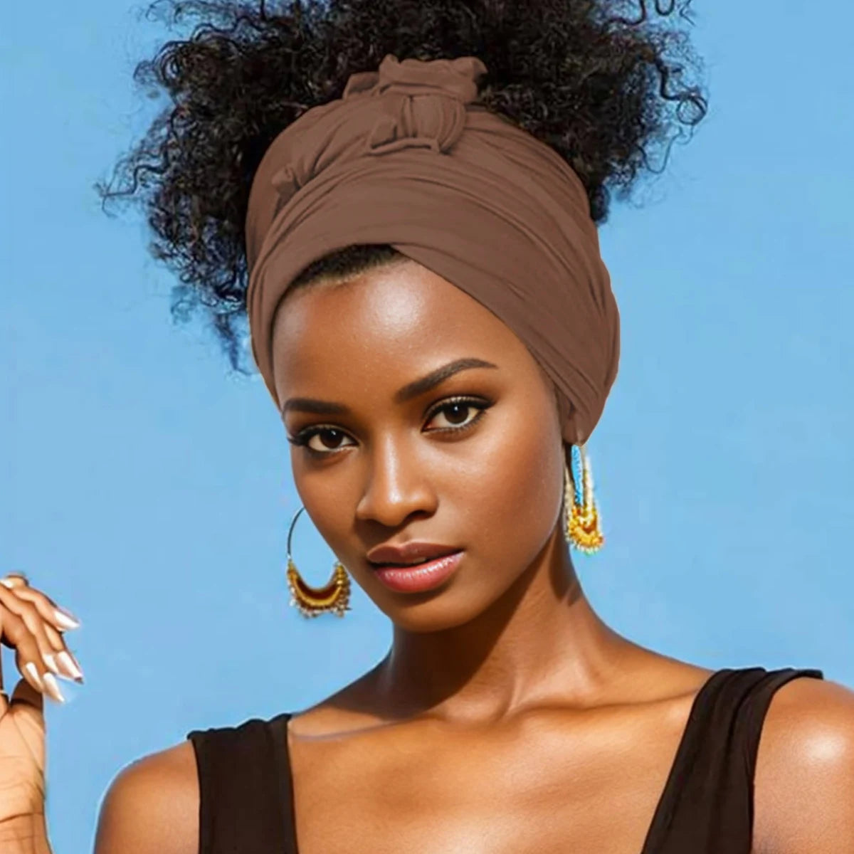 Hot selling stretch jersey turban african headband solid color super soft extra long breathable headband for women Coffee