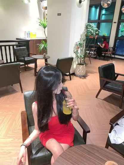 Pure wind red bow hollowed out beautiful back design halter dress female summer sexy slim-fit package hip skirt