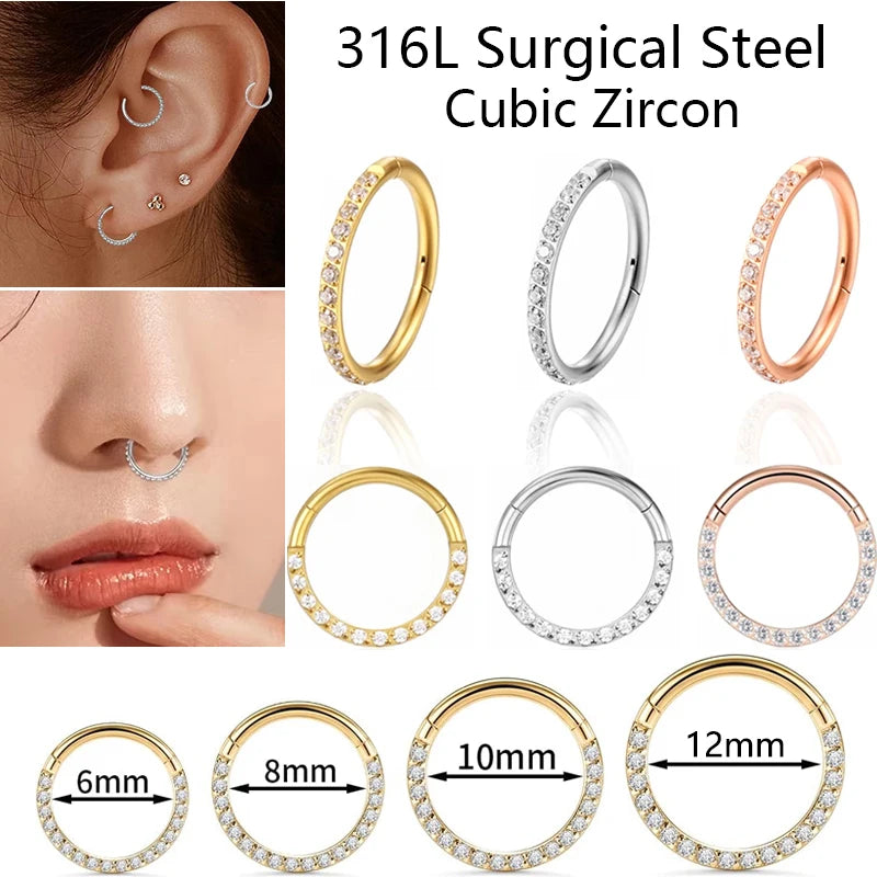 Surgical Steel Nose Rings Hinged Segment Ear Cartilage Tragus Earrings Helix Hoops CZ Septum Clicker Piercing Body Jewelry