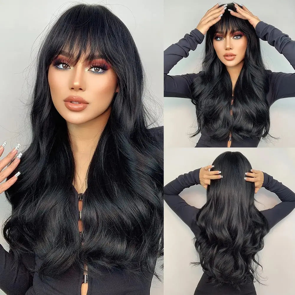 Blonde synthetic wig with straight bangs Ladies Cosplay wig High temperature silk wig set with big waves and long curly hair 412-131-black