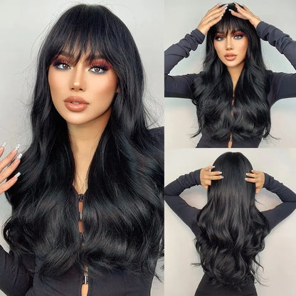 Blonde synthetic wig with straight bangs Ladies Cosplay wig High temperature silk wig set with big waves and long curly hair 412-131-black
