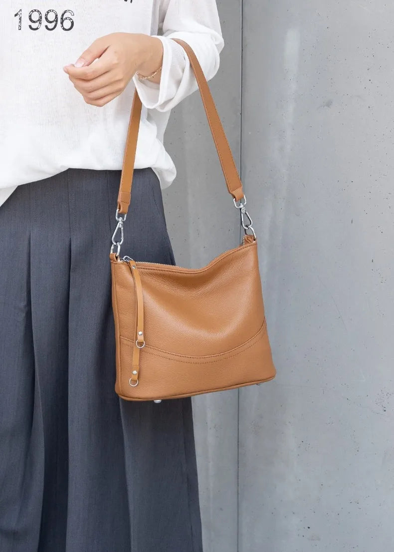 Women's Natural Cowhide Leather Crossbody Bag Two Straps- Convertible Shoulder Purse for Effortless Commuting Minimalist Tote
