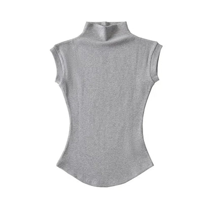Women Summer Sexy Turtleneck Sleeveless T-Shirts Tops Solid Slim Fit Pullovers Causal Tees Shirts Female Streetwear Basics Tees GRAY