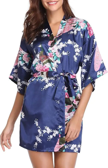Womens Kimono Robes Dressing Gown Satin Bathrobe Nightdress Short Style Bridal Robe As the photo show 11