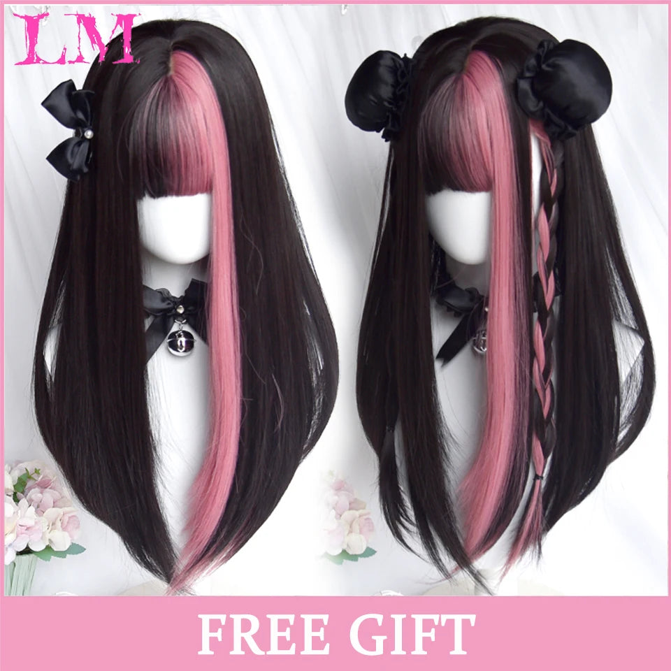 LM Long Silky Straight Synthetic Wigs with Bangs Black Cosplay Party Lolita Hair Wigs for Women Natural Heat Resistant Wig T1B Burgundy