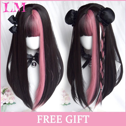 LM Long Silky Straight Synthetic Wigs with Bangs Black Cosplay Party Lolita Hair Wigs for Women Natural Heat Resistant Wig T1B Burgundy