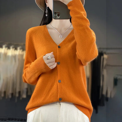 100 Merino Wool Knitted V-neck Sweater Women's Top Loose Korean Version Fashionable Versatile Autumn And Winter Cashmere Sweater WQ015 cheng