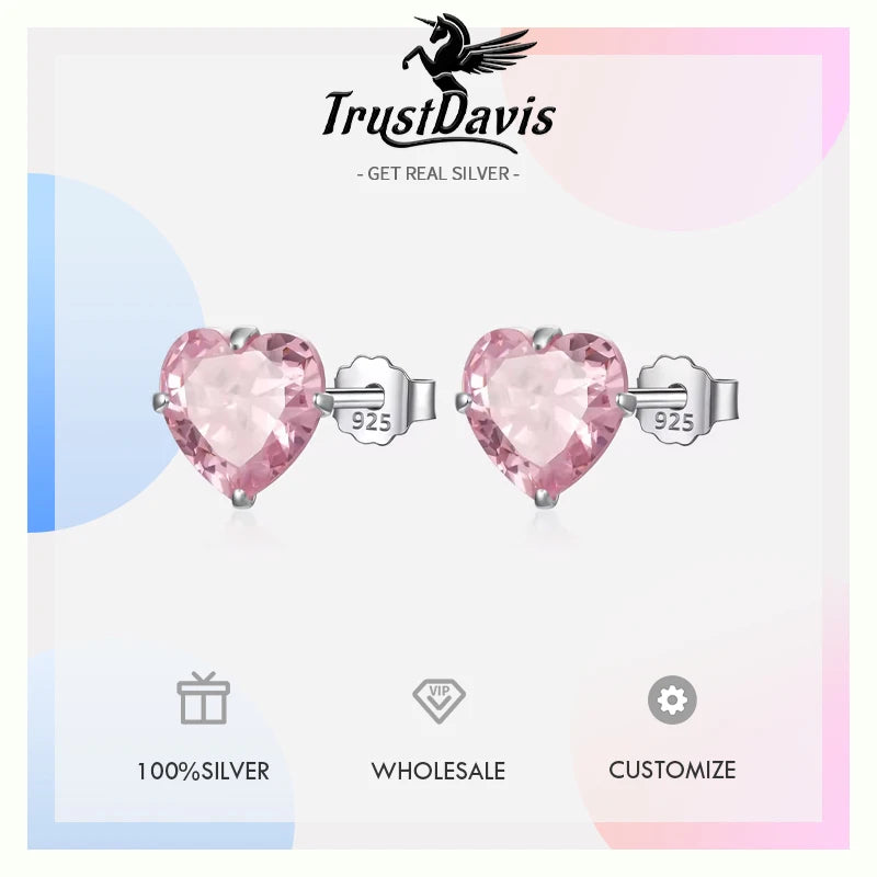 TrustDavis Real 925 Sterling Silver Earrings Cute Pink Heart Charm Shiny CZ Stud Earrings for Women Kids Teen Jewelry DS3731
