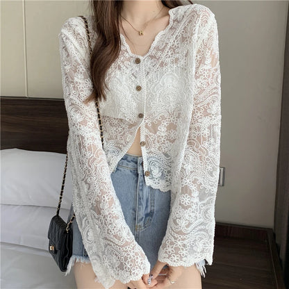 Vintage Summer Lace Blouses Women See Through Sheer Long Sleeve Sun Shirts Korean Style Casual Sun Protection Sexy Ladies Tops
