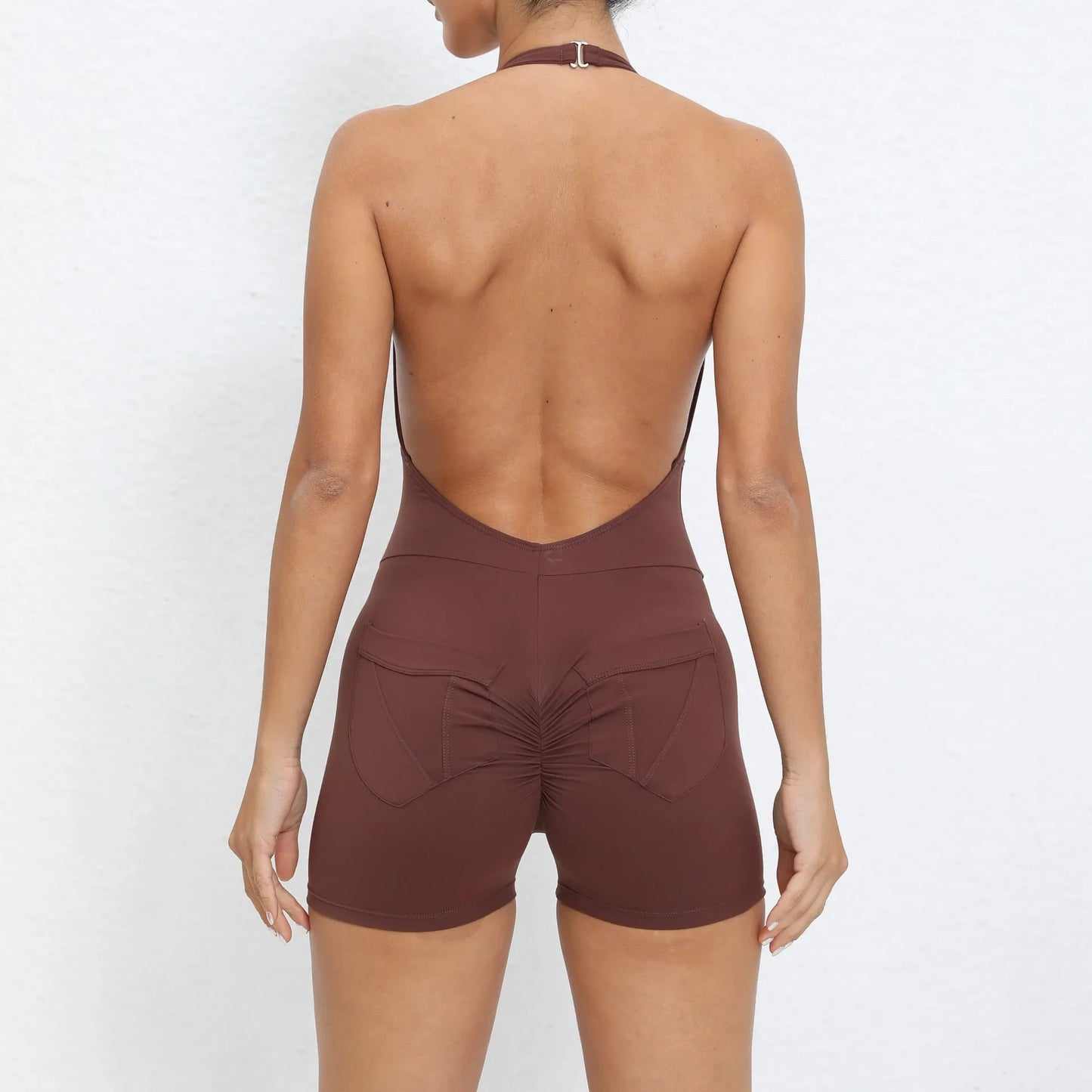 Gym Sport Jumpsuit Short Jumpsuit with Pocket Women Sportswear One Piece Yoga Set Sexy Backless Scrunch Fitness Overalls Romper Coffee