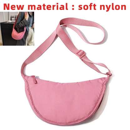 Solid Color Women's Portable Shoulder Bag Simple Female Nylon Cloth Padded Crossbody Bags Travel Purse Handbags Messenger Bag new pink