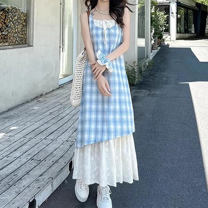 Women Plaid Fake Two Piece Suspender Dress Women Summer Retro Loose Long Lace Patchwork Plaid Sleeveless Dress for Women 2025 Blue