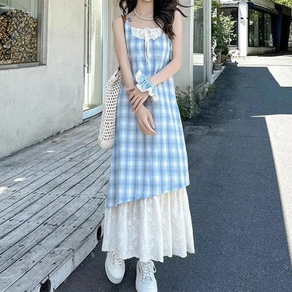 Women Plaid Fake Two Piece Suspender Dress Women Summer Retro Loose Long Lace Patchwork Plaid Sleeveless Dress for Women 2025 Blue