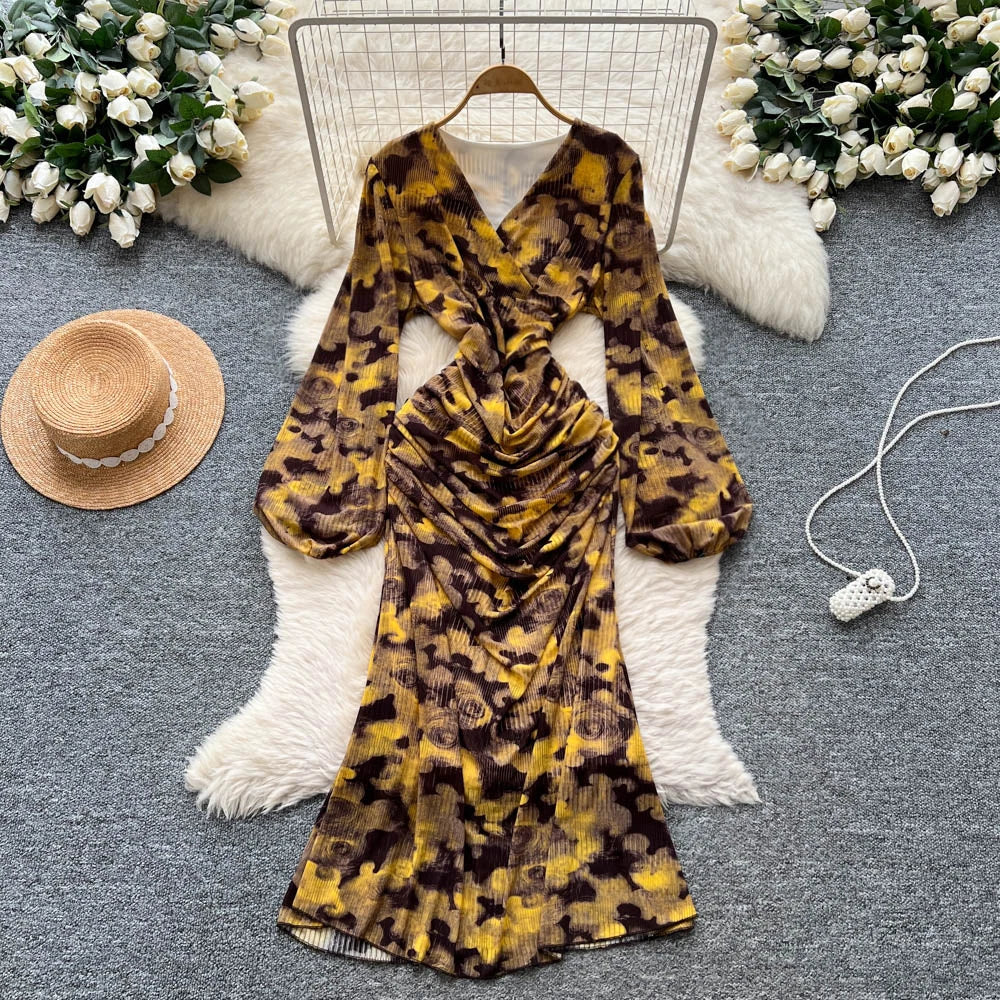 Chic vintage long sleeve Criss-Cross print pleated Elegant Fairy korean fashion dress women clothing Long dress Yellow One Size