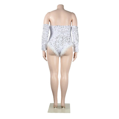 Women's Elegant Sequined Feather Slim Patchwork Bodysuits Spring Summer New Sexy Bodysuits Women Long Sleeve Backless Bodysuits