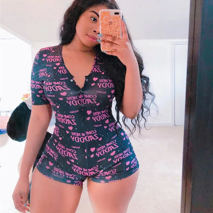 Sexy Playsuits Women Sleepwear Buttons V-neck Bodycon Short Romper Jumpsuit Leotard Printed Short Sleeve Summer Bodysuits Female