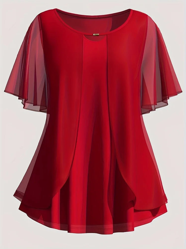 Plus Size Chiffon Blouse Women Top Solid O Neck Loose Pullover Short Sleeve Shirts Blouse Women'S Clothing Casual Summer Top