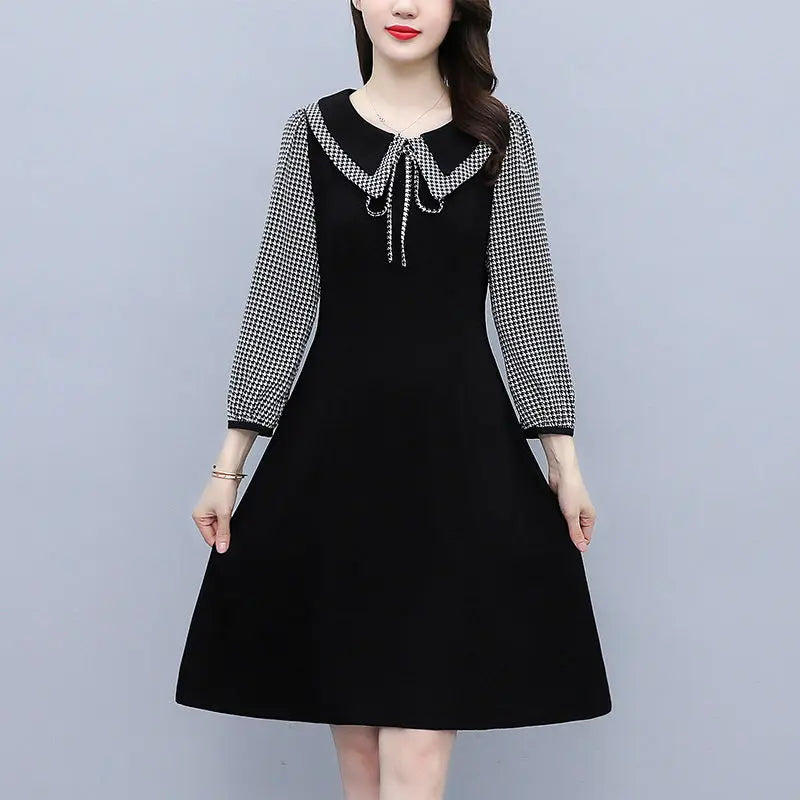 2025 New Spring Autumn Wear Temperament Small Flavor Style Slim Skirt Doll Collar Fashion Dress Women Black