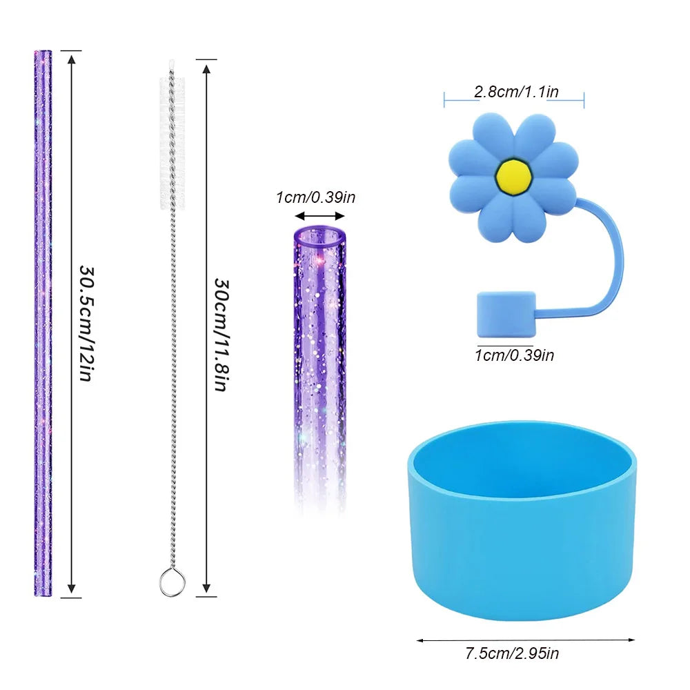 6pcs Reusable Accessories Set for Stanley 40oz Tumblers - Bow Straw Covers, Sparkling Straw, Protective Boot, Charm Chains Badiee Stylez