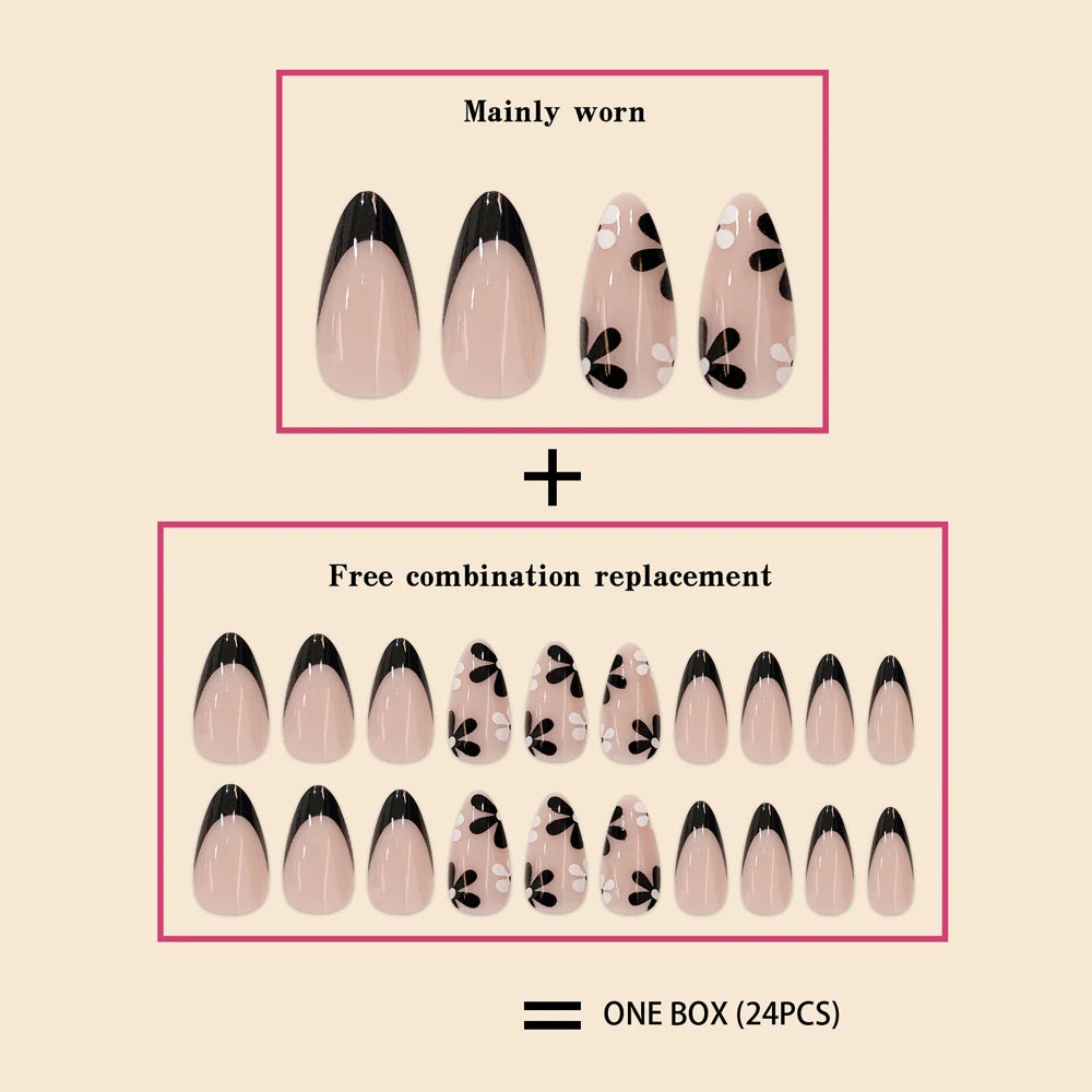Women Girls 24Pcs Short Pink French Style Water Droplets Black White Small Flowers Simple Versatile Nail Art Fake Nails Set