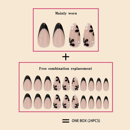 Women Girls 24Pcs Short Pink French Style Water Droplets Black White Small Flowers Simple Versatile Nail Art Fake Nails Set