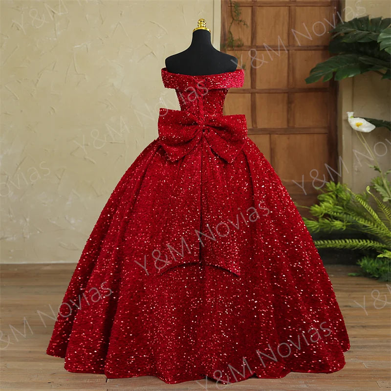 Y&M Novias Custom Plus Size Luxury Sequins Bow Off Shoulder Dark Red Quinceanera Dresses 15 Ball Gown For Party Vestido De Noiva Badiee Stylez