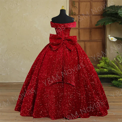 Y&M Novias Custom Plus Size Luxury Sequins Bow Off Shoulder Dark Red Quinceanera Dresses 15 Ball Gown For Party Vestido De Noiva Badiee Stylez