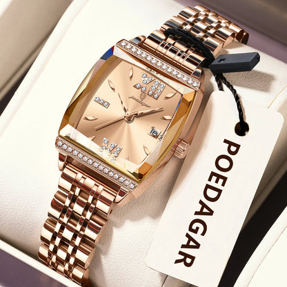 POEDAGAR Diamond Luxury Watch For Woman High Quality Waterproof Date Ladies Quartz Watch Stainless Steel Women Watches Reloj+Box 795 RoseGold Gold