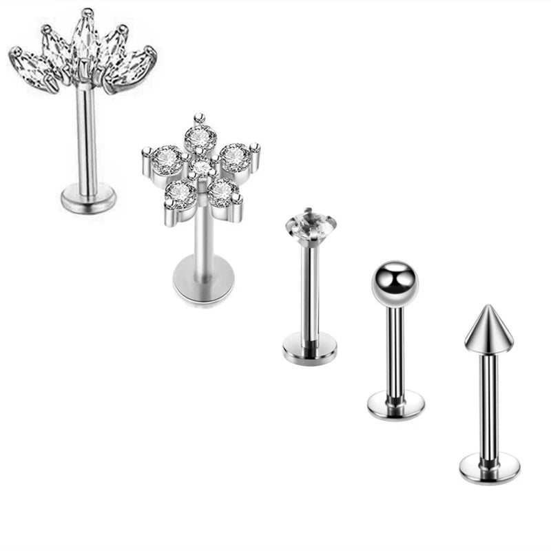 5PCS Flower Tragus Piercing Set Flat Back Cz Cartilage Stud Earring Helix Jewelry Conch Rook Stud Lot Labret Lip Piercing Bulk 5PCS Set22