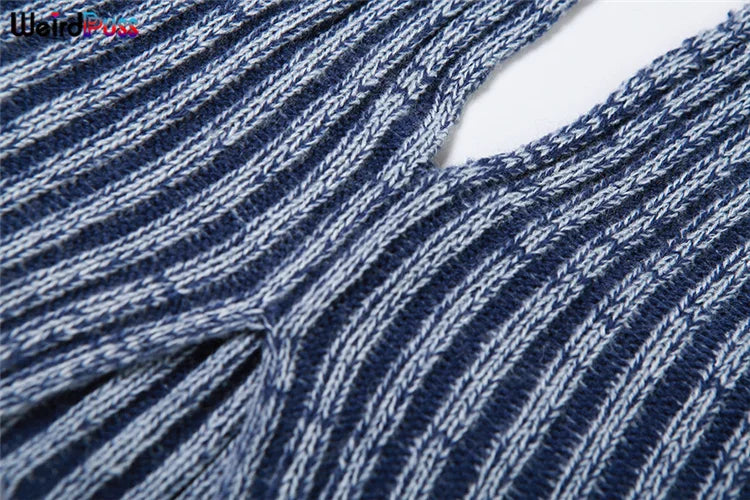 Weird Puss Patchwork Striped Women Casual 2 Piece Set Crochet Halter Low-Neck Vest+Pocket Pants Stretch Skinny Matching Suit Badiee Stylez