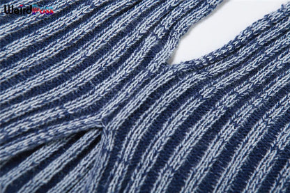 Weird Puss Patchwork Striped Women Casual 2 Piece Set Crochet Halter Low-Neck Vest+Pocket Pants Stretch Skinny Matching Suit Badiee Stylez