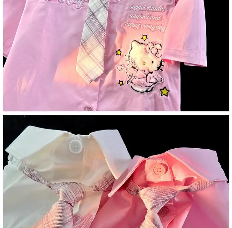 Hello Kitty Cute Short Sleeve Polo Shirts Women Sanrio Designer College Style Summer Blouse Korean Clothes Y2k New Fashion Tops