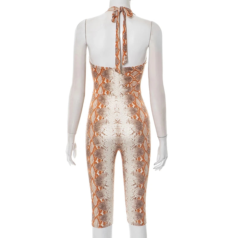 CUTENOVA Women'S Full-Body Printed Hanging Neck Tie Backless Skinny Five Points Jumpsuit Simple Casual Sexy Street Jumpsuit