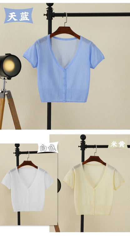 Outerwear Jerseys Summer Cardigan Women Cropped Blouses Korean Fashion Style Cute V-neck Women's Coat Black Bolero Woman Basic