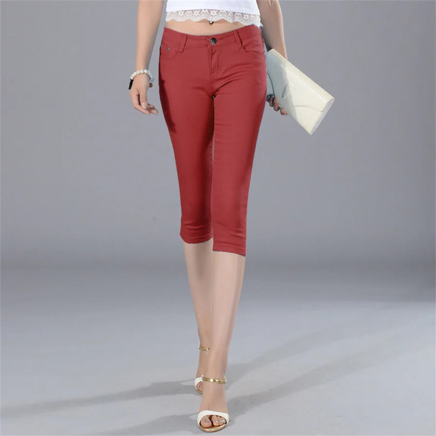 Women Color Capris Pants Stretchy Comfy Skinny Cropped Jeans Pants Button Front Casual Breathable Claret